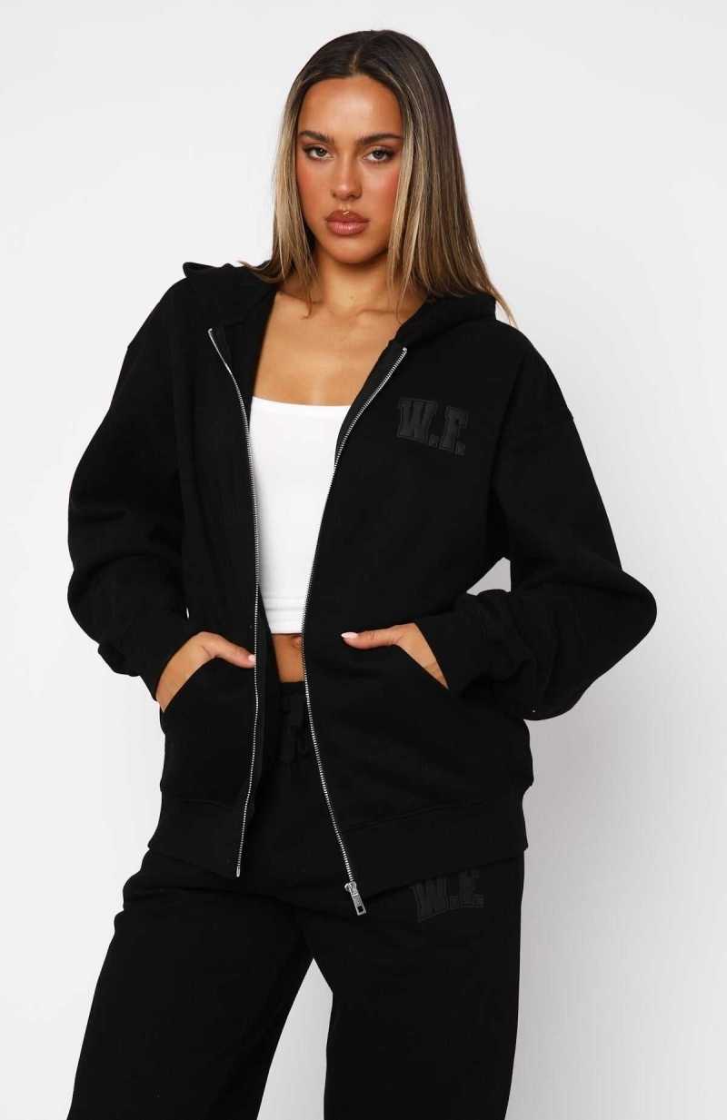 White Fox Decade Classics Varsity Zip Front Hoodie Black | YTWIMX-687