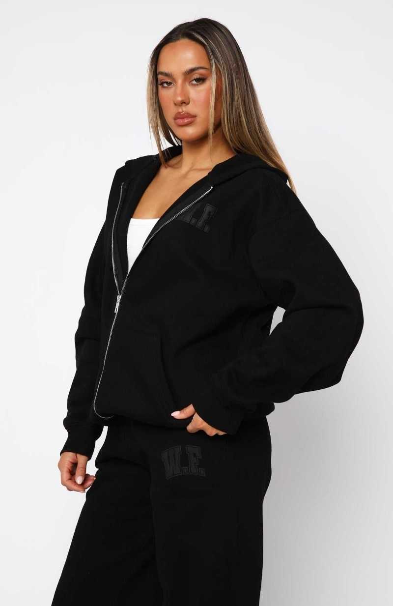 White Fox Decade Classics Varsity Zip Front Hoodie Black | YTWIMX-687