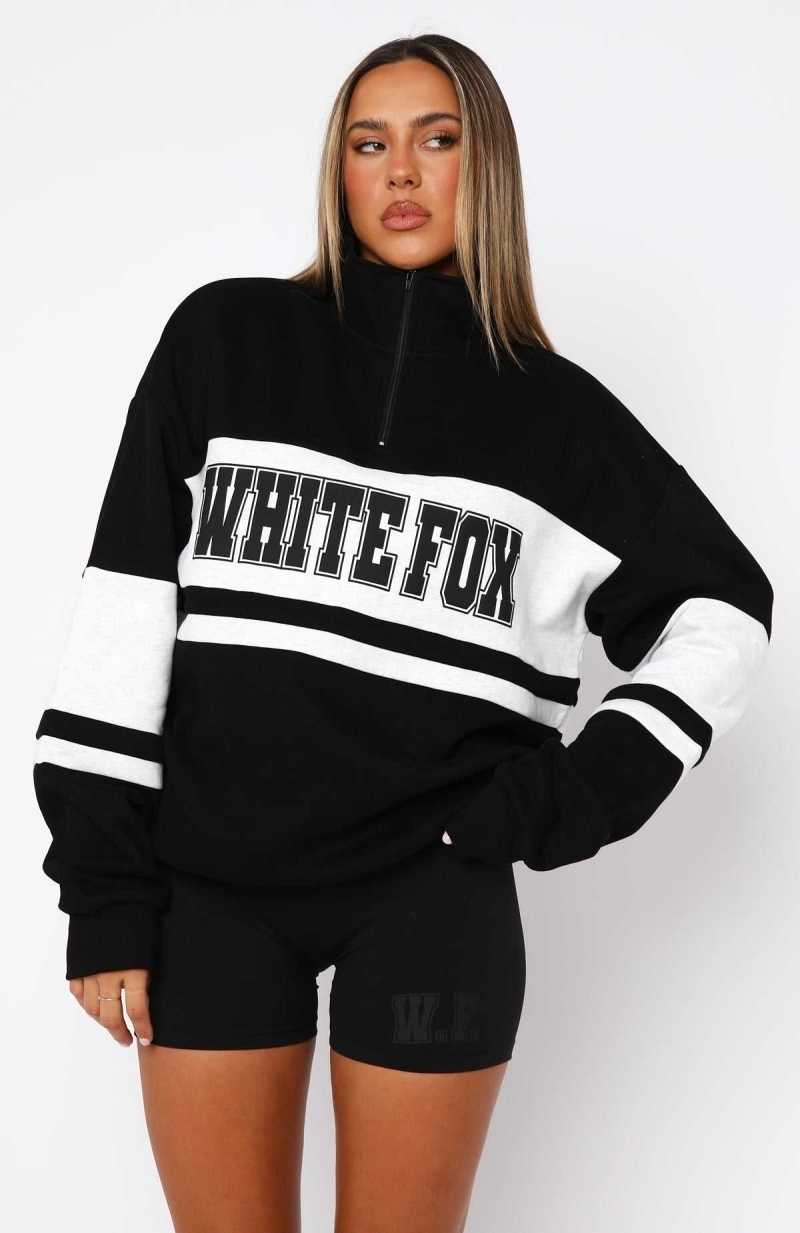 White Fox Decade Classics Varsity Zip Front Sweater Black/Grey Marle | HCIGTW-675