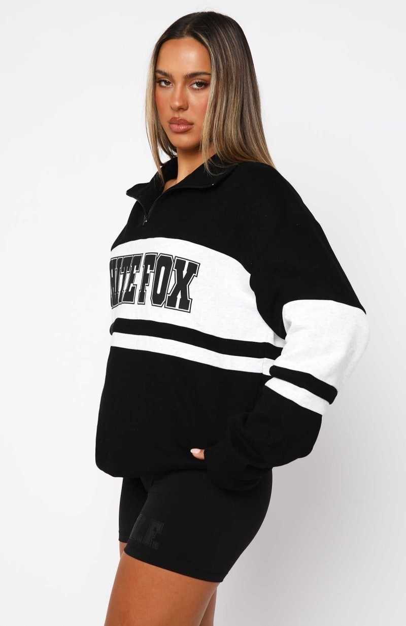 White Fox Decade Classics Varsity Zip Front Sweater Black/Grey Marle | HCIGTW-675