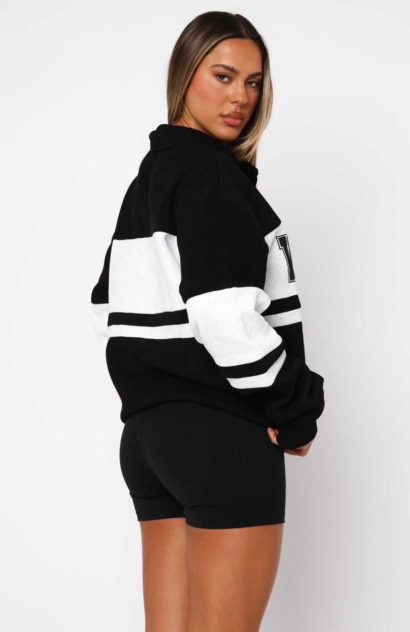 White Fox Decade Classics Varsity Zip Front Sweater Black/Grey Marle | HCIGTW-675