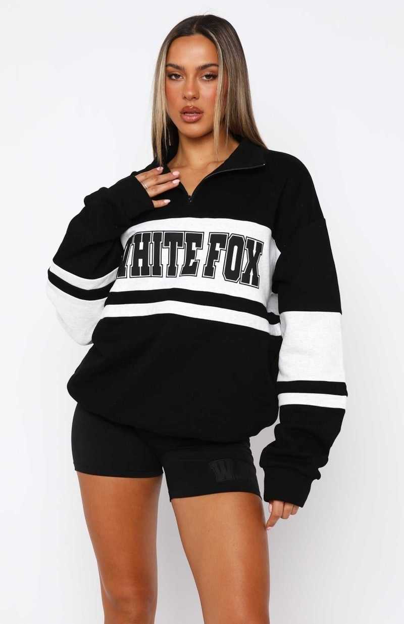 White Fox Decade Classics Varsity Zip Front Sweater Black/Grey Marle | HCIGTW-675