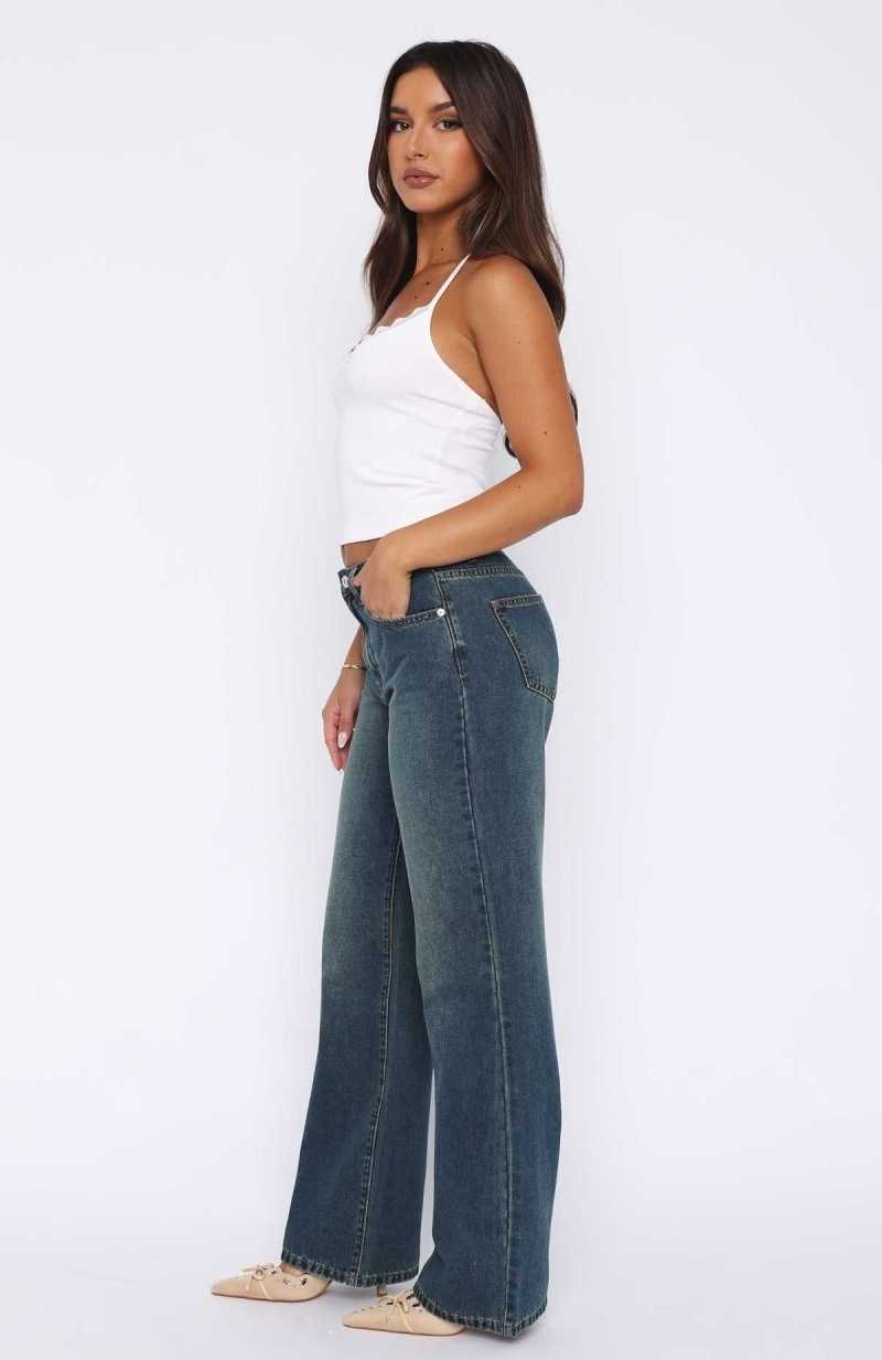 White Fox Desire Mid Rise Straight Leg Jeans Mid Blue Vintage | LEDQGU-175