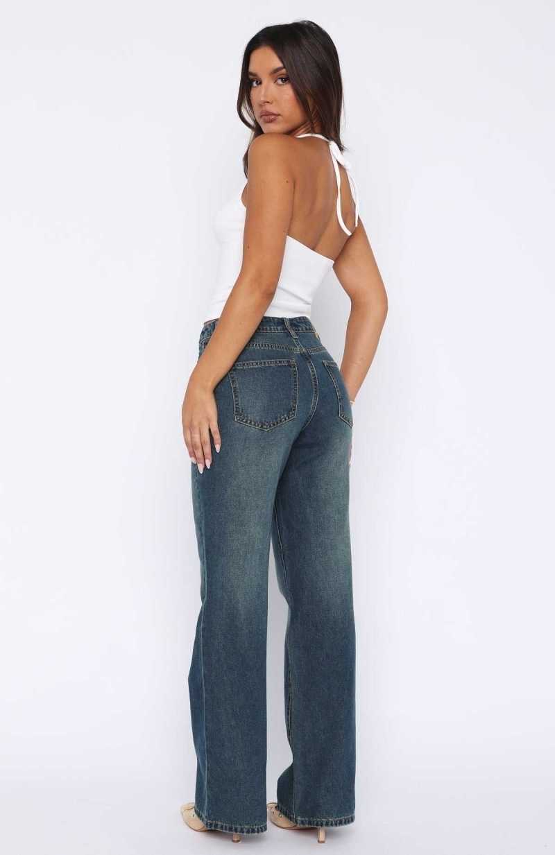 White Fox Desire Mid Rise Straight Leg Jeans Mid Blue Vintage | LEDQGU-175