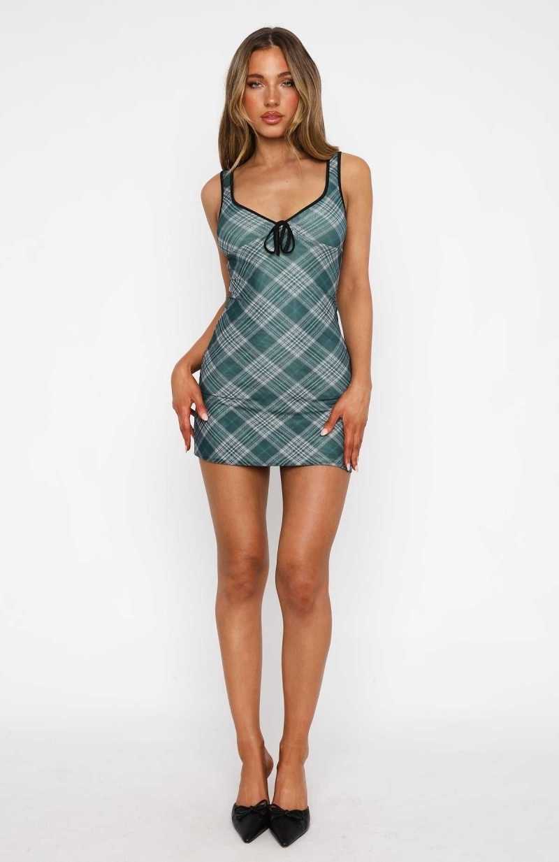 White Fox Dipped In Love Mini Dress Green Plaid | FZUKOC-589