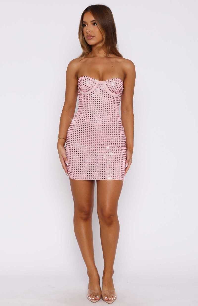 White Fox Disco Ball Embellished Mini Dress Baby Pink | WPOKFT-628