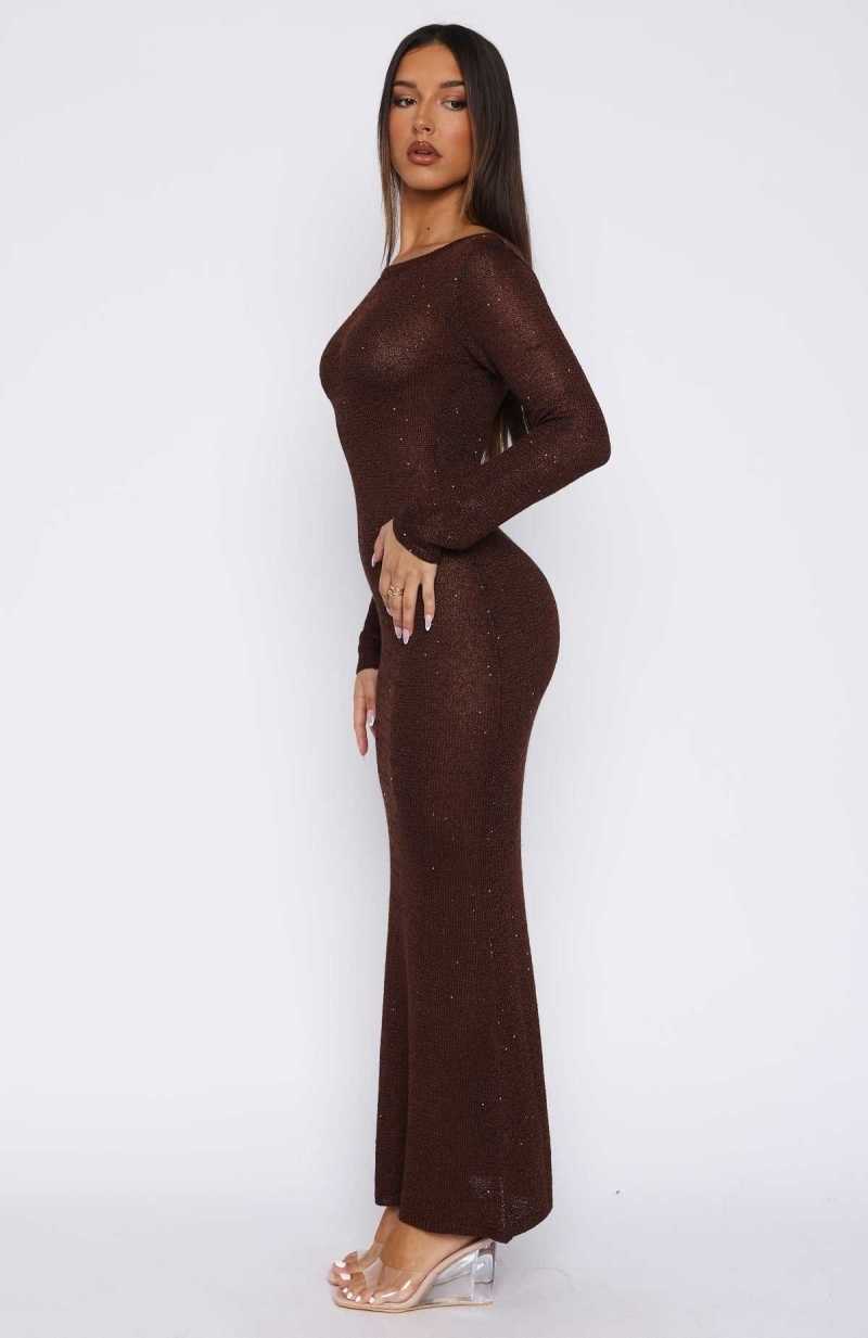 White Fox Divine Timing Long Sleeve Sequin Knit Maxi Dress Chocolate | NBORZC-156