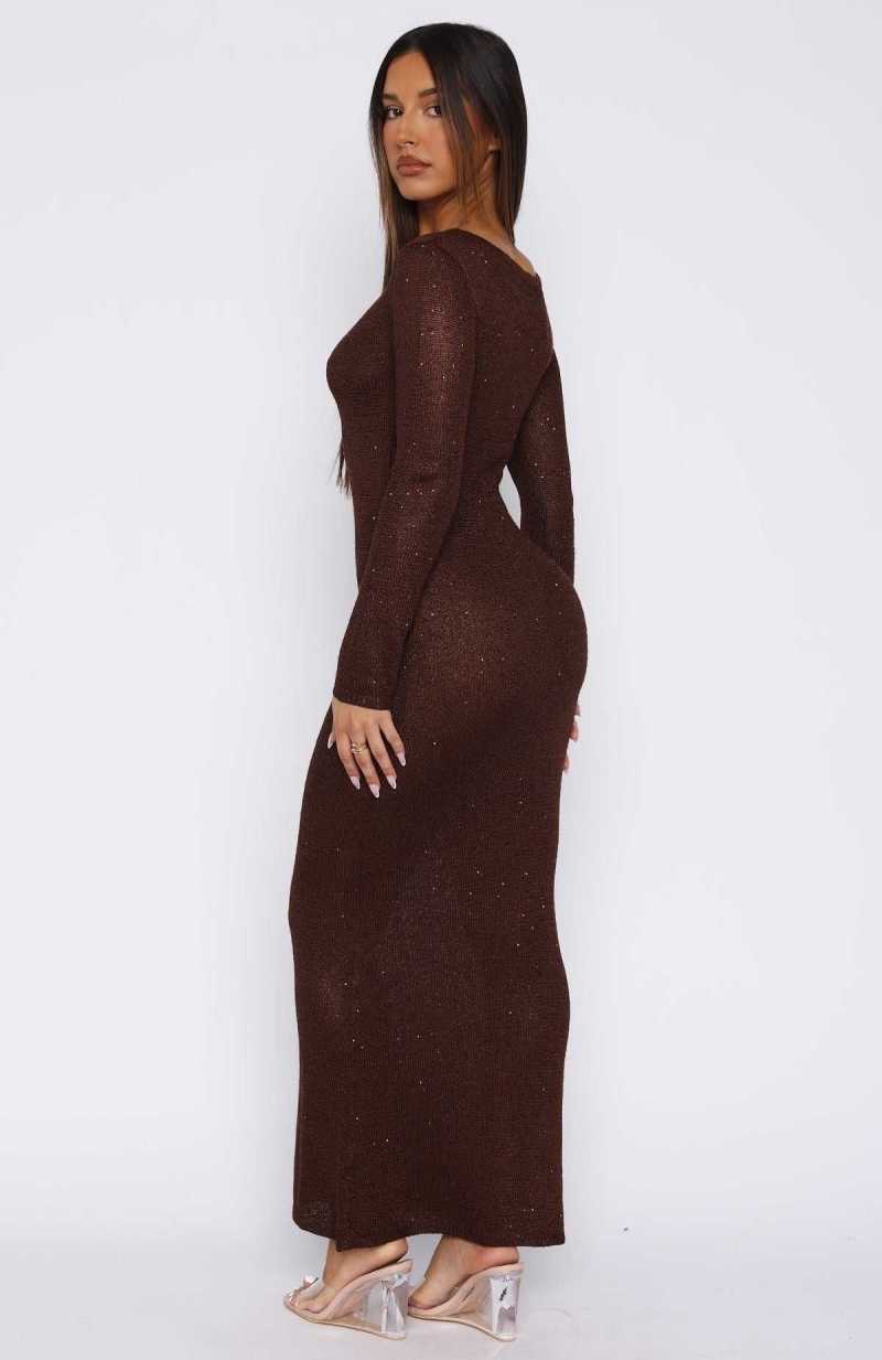 White Fox Divine Timing Long Sleeve Sequin Knit Maxi Dress Chocolate | NBORZC-156