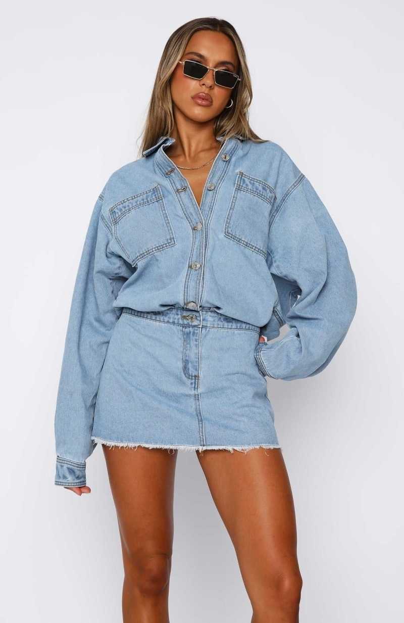 White Fox Don't You Remember Long Sleeve Denim Dress Blue Acid Wash | JZLDUR-582