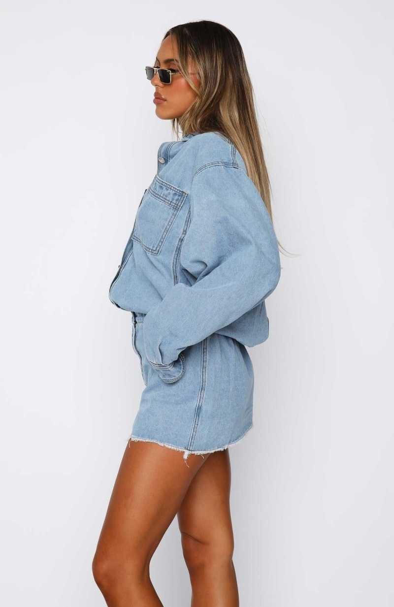 White Fox Don't You Remember Long Sleeve Denim Dress Blue Acid Wash | JZLDUR-582