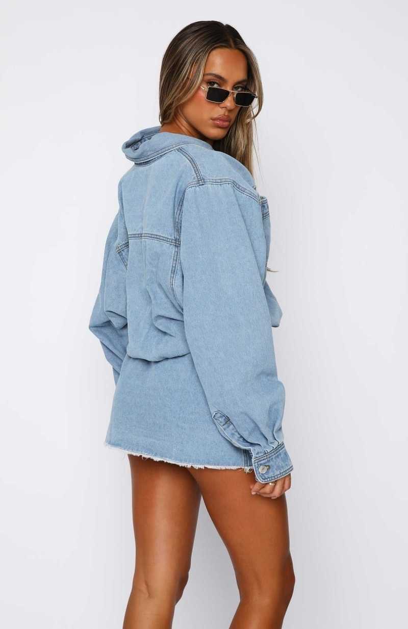 White Fox Don't You Remember Long Sleeve Denim Dress Blue Acid Wash | VXONJE-829