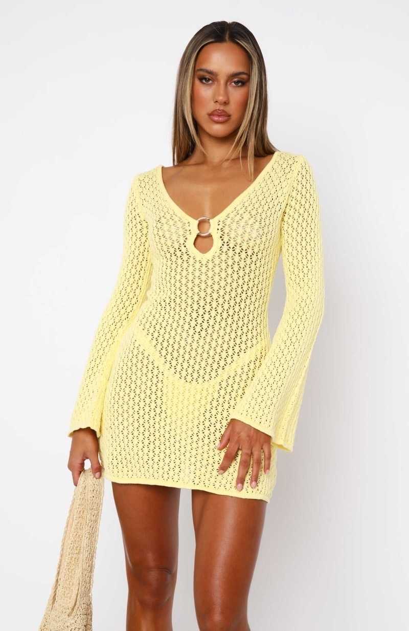 White Fox Dream State Long Sleeve Mini Dress Lemon | EPNXGZ-580