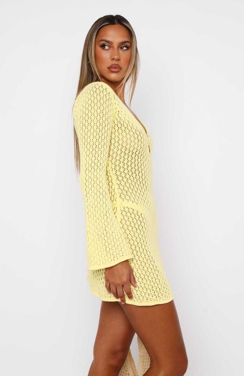 White Fox Dream State Long Sleeve Mini Dress Lemon | EPNXGZ-580