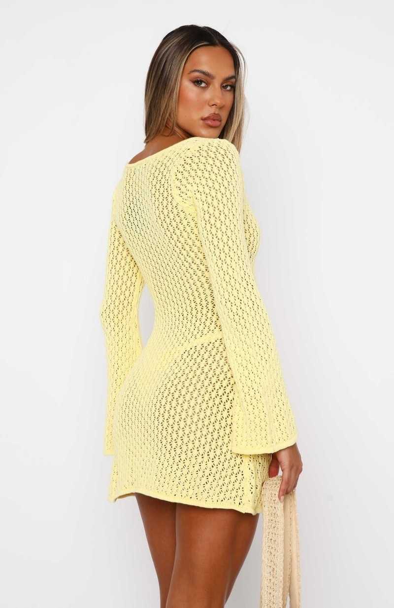 White Fox Dream State Long Sleeve Mini Dress Lemon | EPNXGZ-580