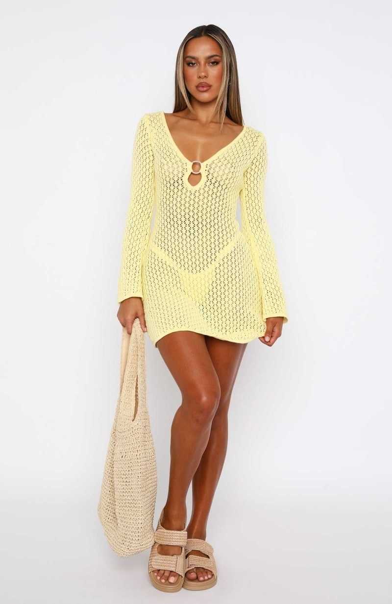 White Fox Dream State Long Sleeve Mini Dress Lemon | EPNXGZ-580