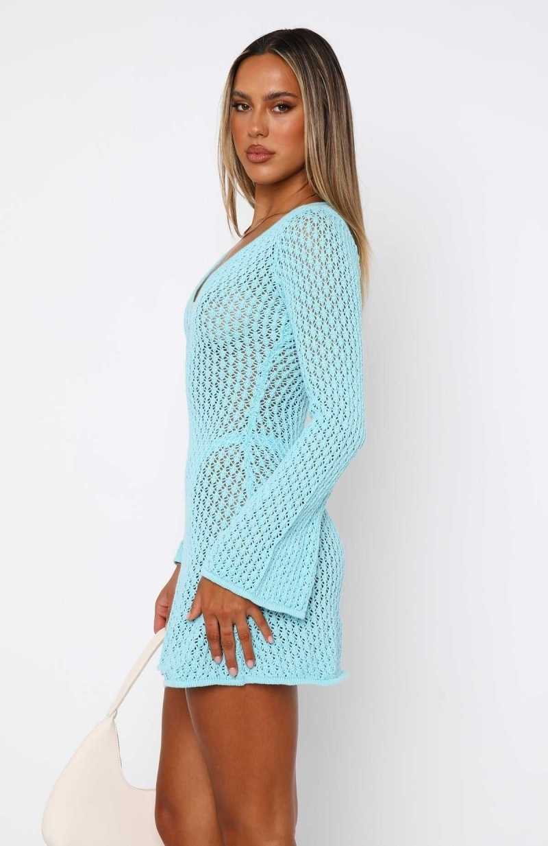 White Fox Dream State Long Sleeve Mini Dress Malibu Blue | PJKMFD-560