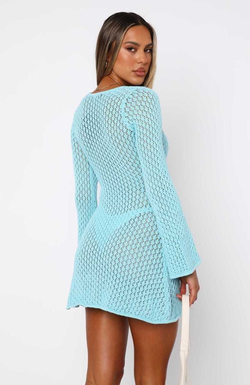 White Fox Dream State Long Sleeve Mini Dress Malibu Blue | PJKMFD-560