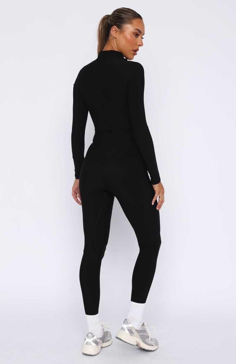 White Fox Exceed Long Sleeve Jumpsuit Black | JVMPBW-374