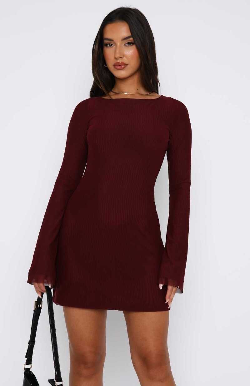 White Fox Excuse Me Miss Long Sleeve Mini Dress Wine | VCWRIF-981