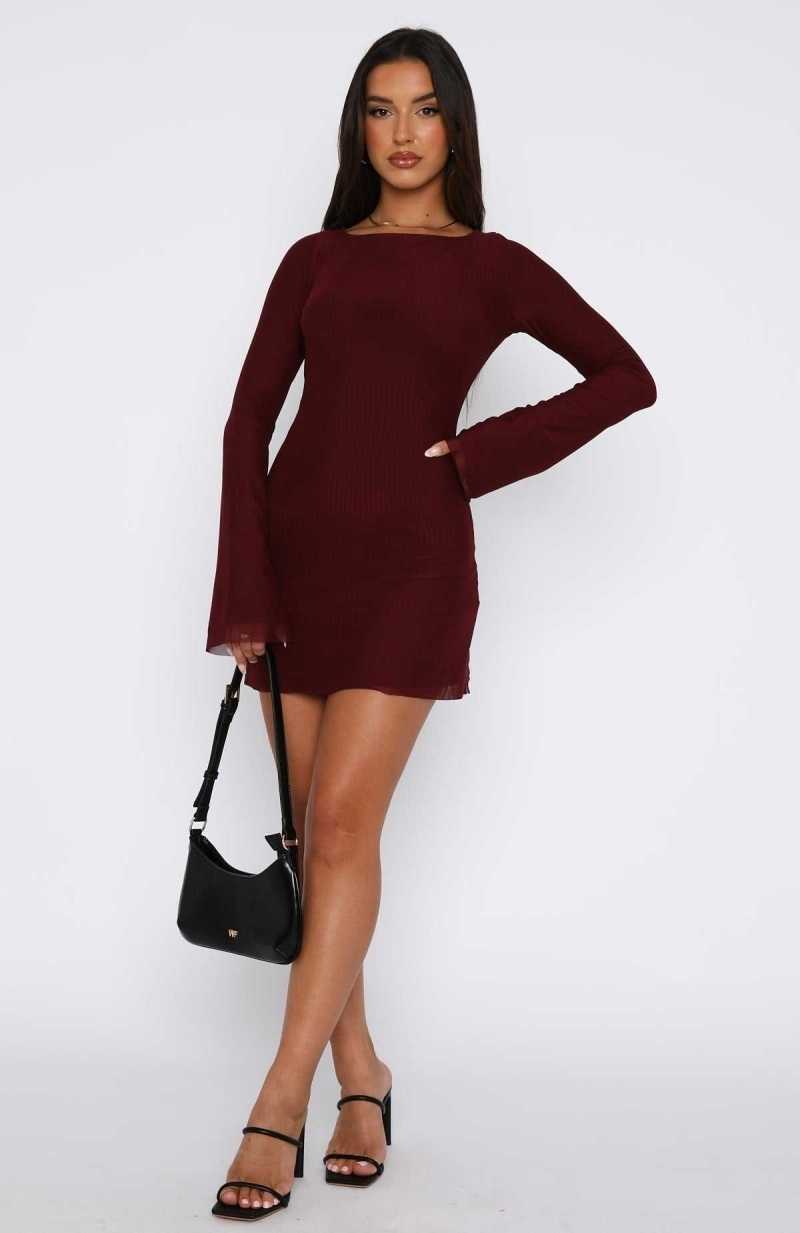 White Fox Excuse Me Miss Long Sleeve Mini Dress Wine | VCWRIF-981