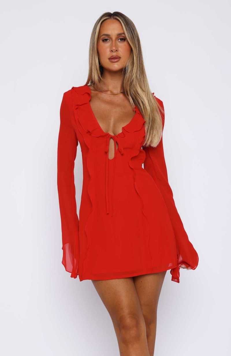 White Fox Falling To Pieces Long Sleeve Mini Dress Red | GNLOBU-350