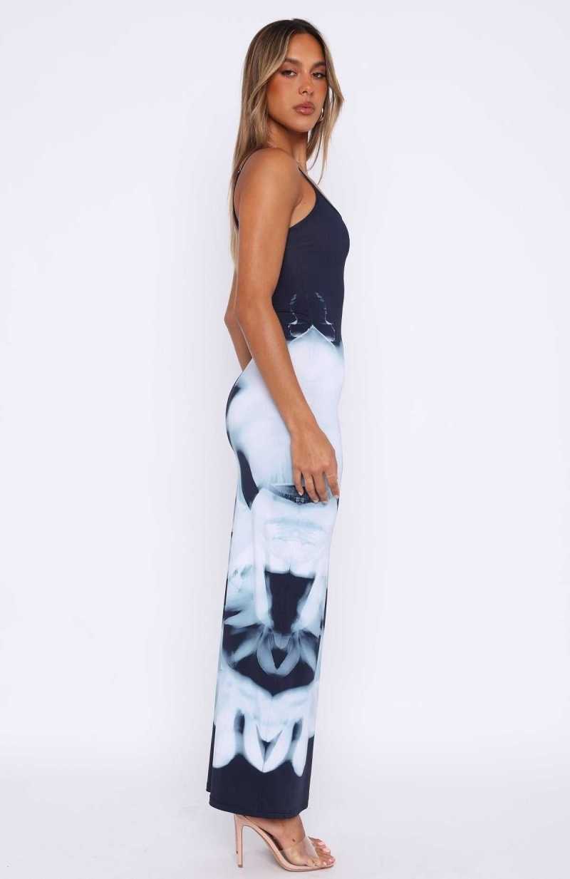 White Fox Feeling The Heat Maxi Dress Greyscale Floral | DZITFK-350