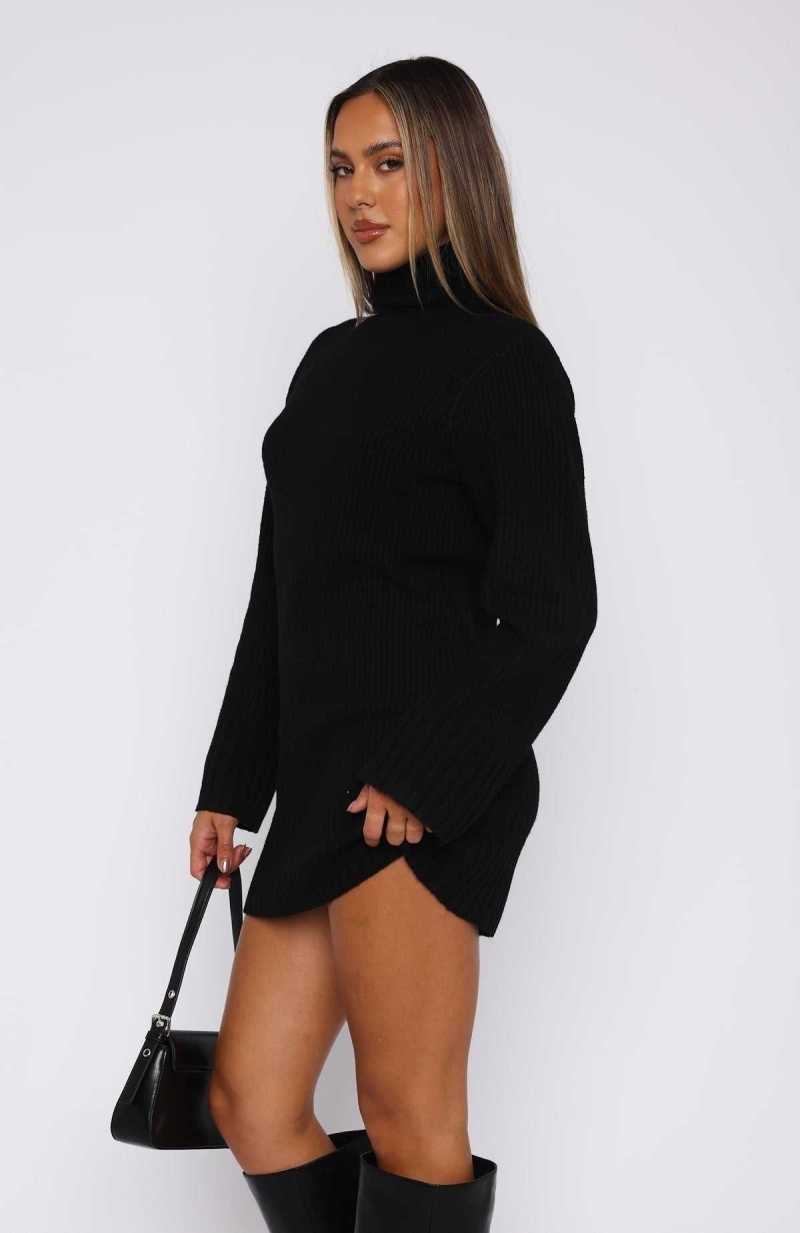 White Fox Fireside Long Sleeve Knit Dress Black | MCITPH-420