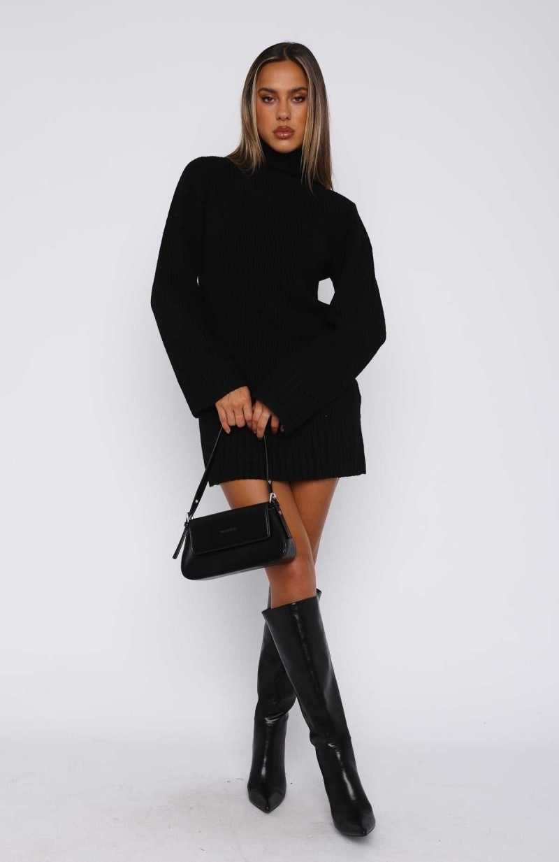 White Fox Fireside Long Sleeve Knit Dress Black | MCITPH-420