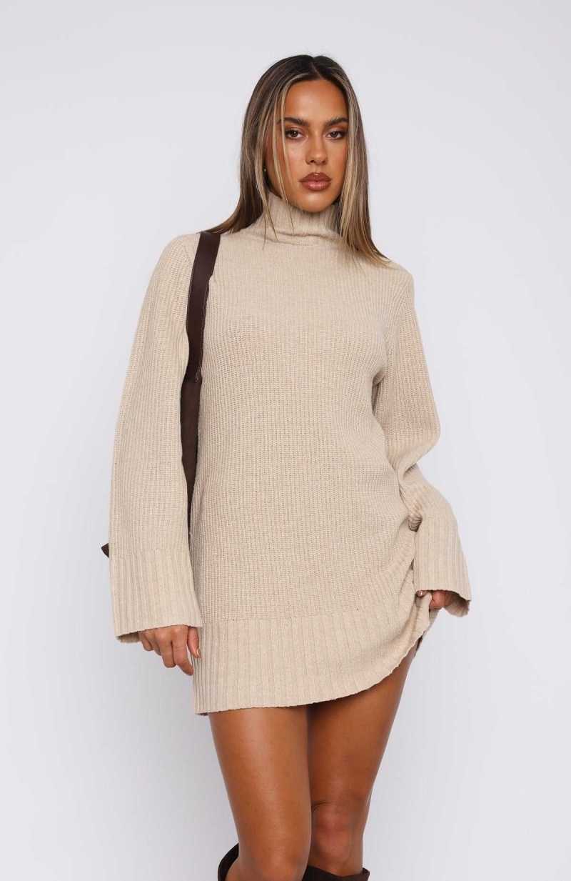 White Fox Fireside Long Sleeve Knit Dress Stone | PMABZK-472