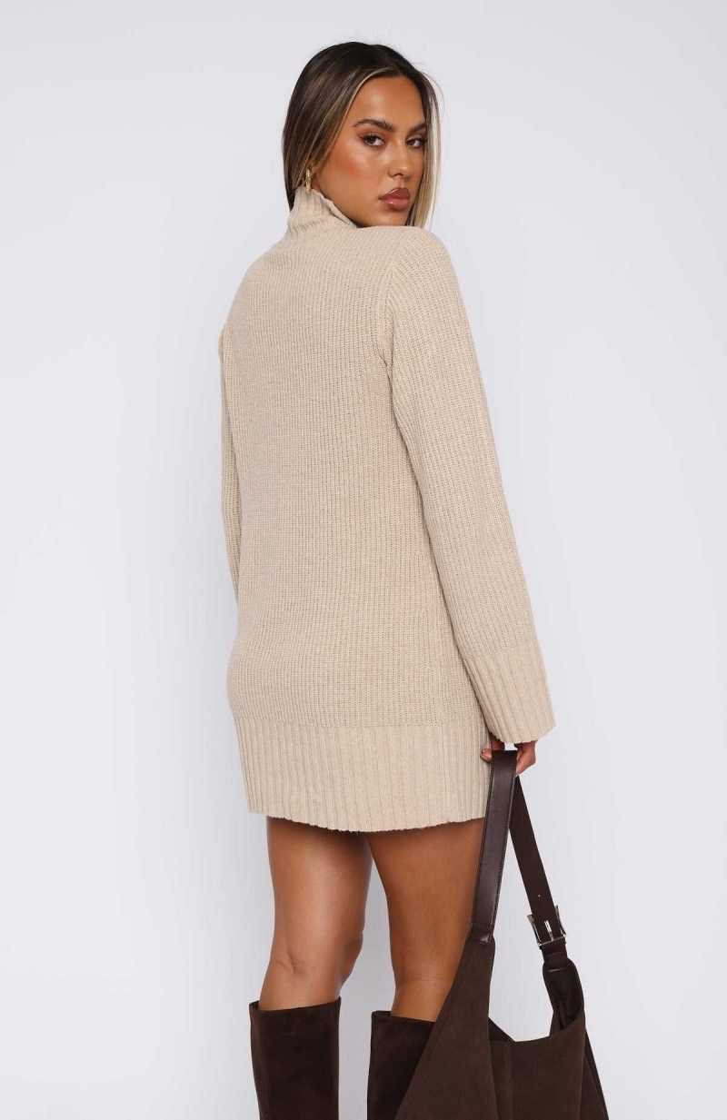 White Fox Fireside Long Sleeve Knit Dress Stone | PMABZK-472