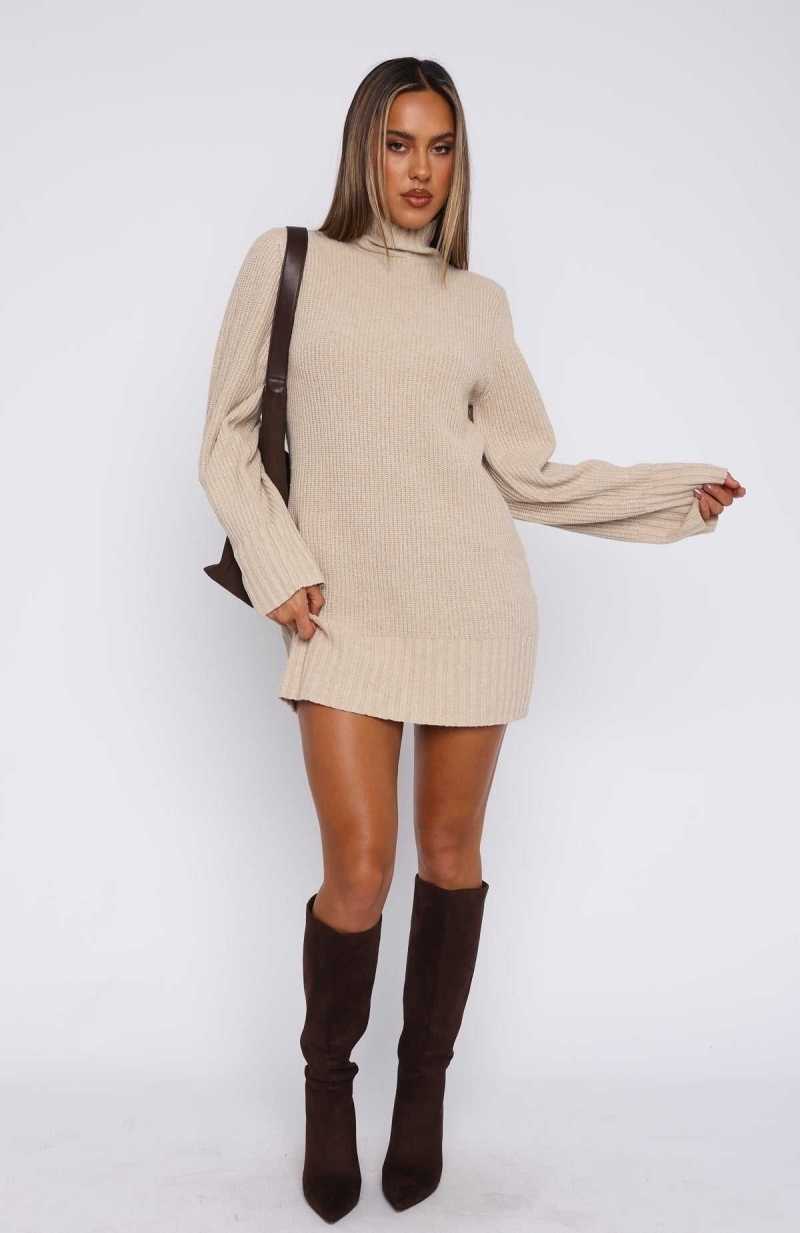 White Fox Fireside Long Sleeve Knit Dress Stone | PMABZK-472