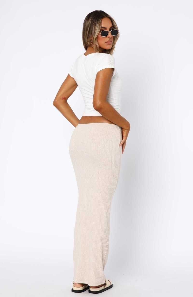 White Fox Flirtatious Ribbed Maxi Skirt Oatmeal | DNSVTM-318