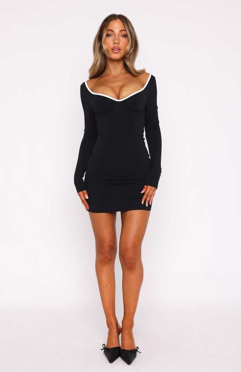 White Fox Follow You There Long Sleeve Mini Dress Black | QLRJVY-984