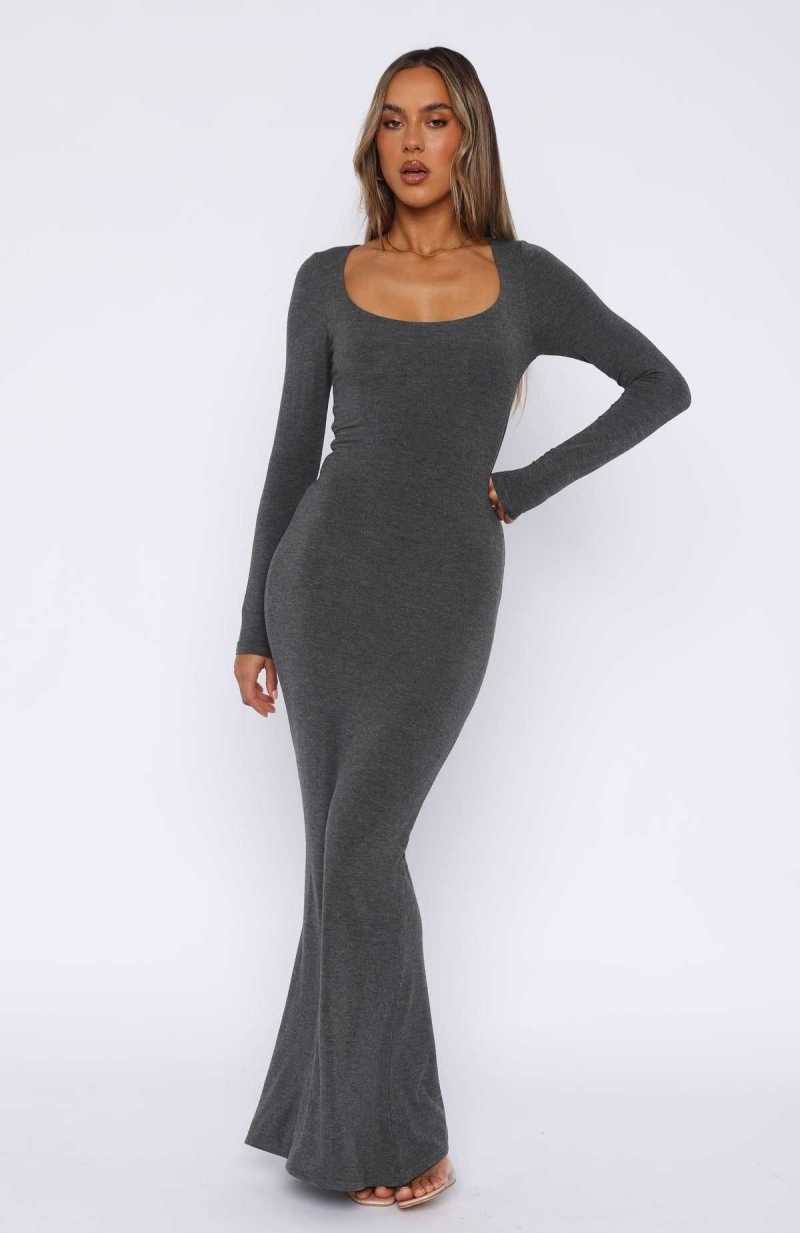 White Fox Get My Attention Long Sleeve Maxi Dress Dark Charcoal | VACRPZ-192