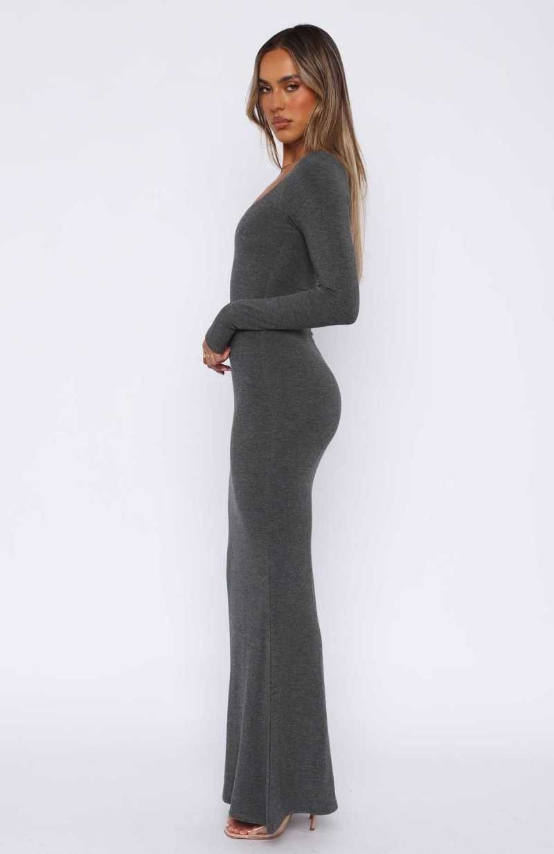 White Fox Get My Attention Long Sleeve Maxi Dress Dark Charcoal | VACRPZ-192