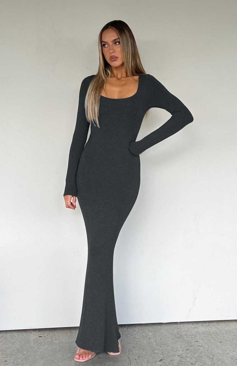 White Fox Get My Attention Long Sleeve Maxi Dress Dark Charcoal | VACRPZ-192