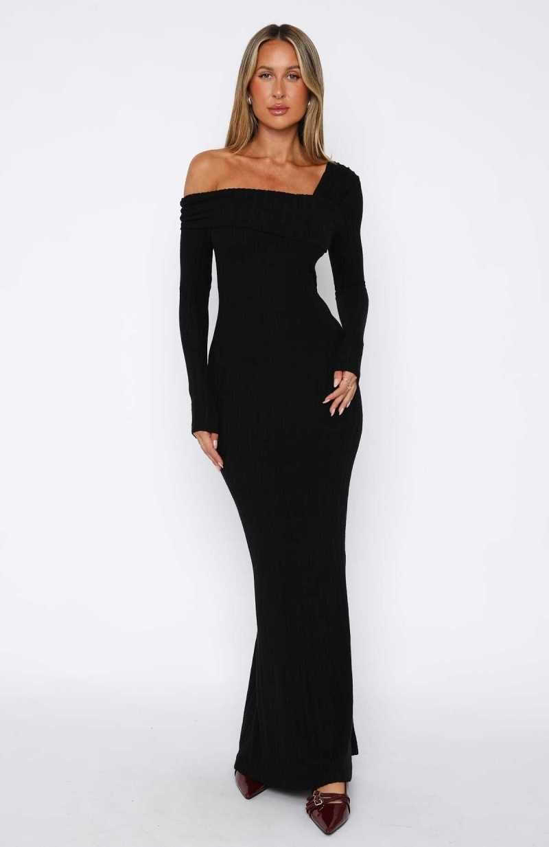 White Fox Girls Trip Long Sleeve Maxi Dress Black | NCMHSB-652