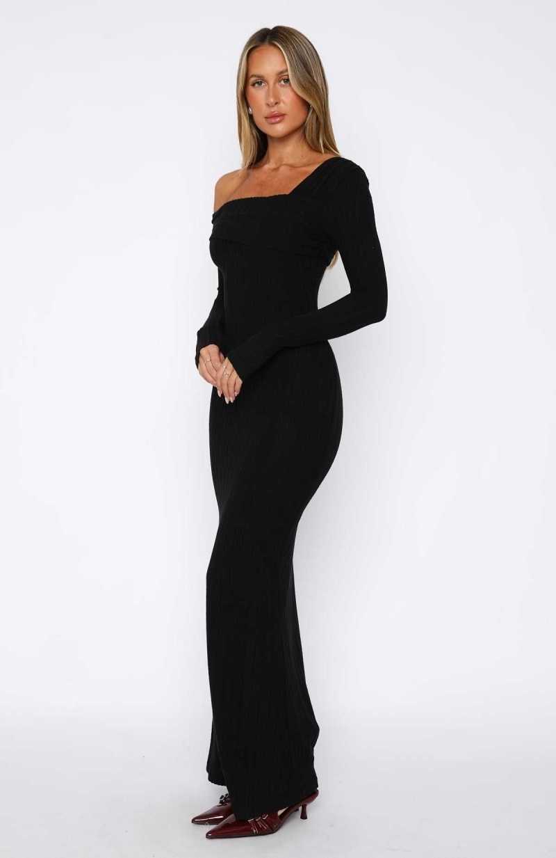 White Fox Girls Trip Long Sleeve Maxi Dress Black | NCMHSB-652