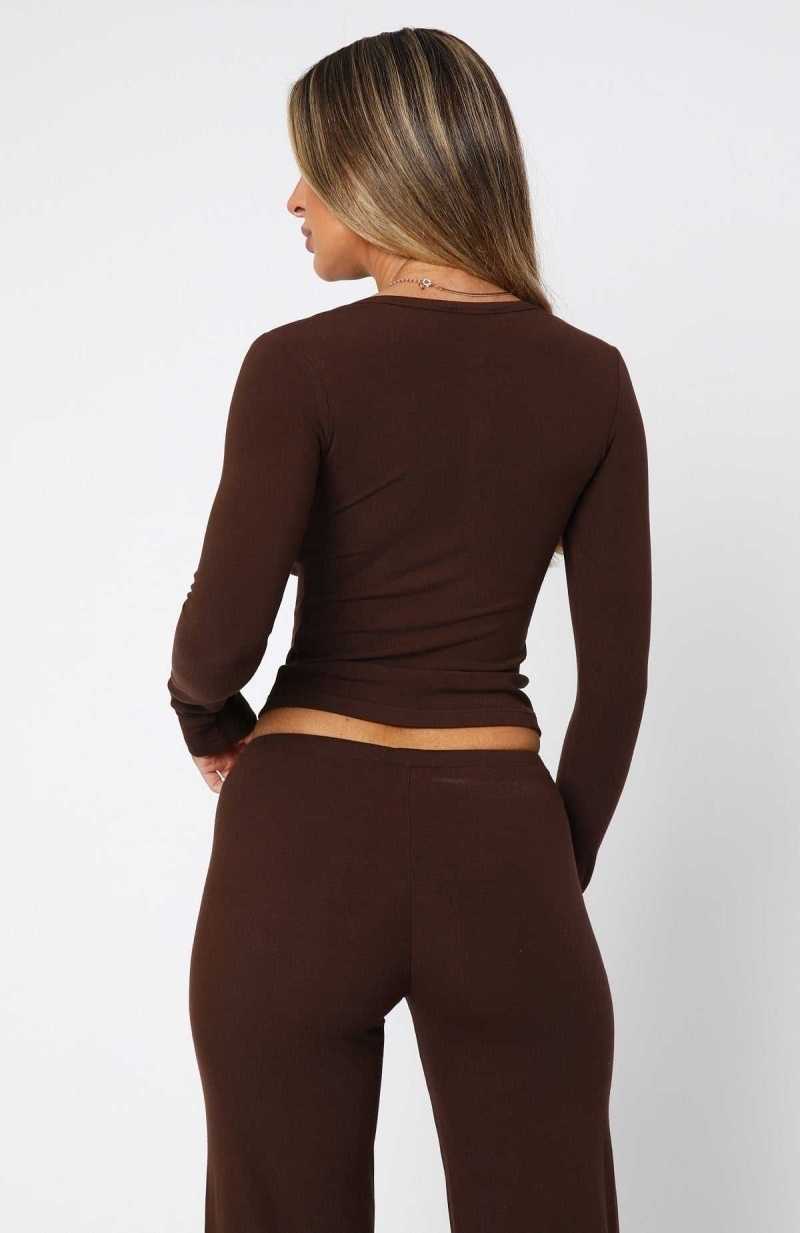 White Fox Give Me The Details Long Sleeve Top Chocolate | UMZKBV-897