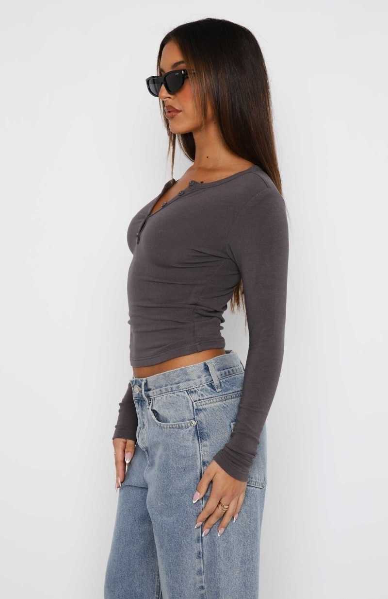 White Fox Give Me The Details Long Sleeve Top Charcoal | LVNSXJ-637