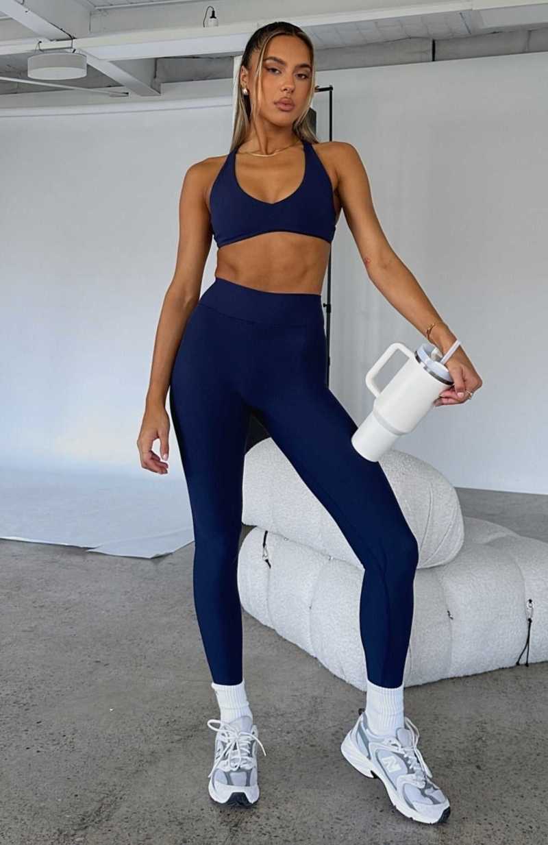 White Fox Go Getter High Waisted Leggings Navy | JTKOBP-817