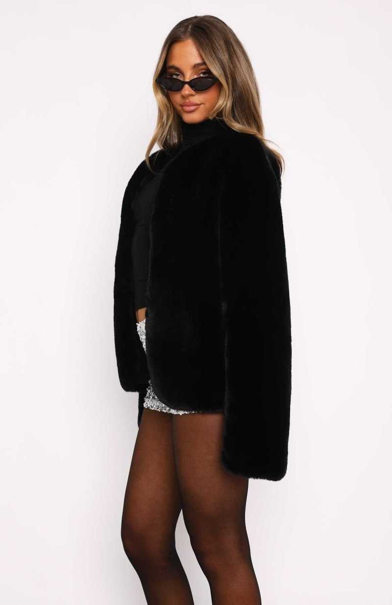 White Fox Happy Holidays Faux Fur Jacket Black | MCIDVU-841