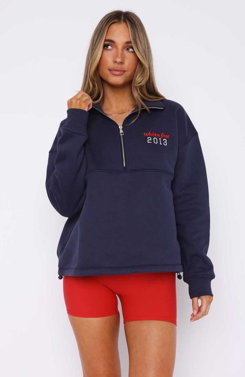 White Fox Hold Me Down Zip Front Sweater Navy | BYEVRM-249