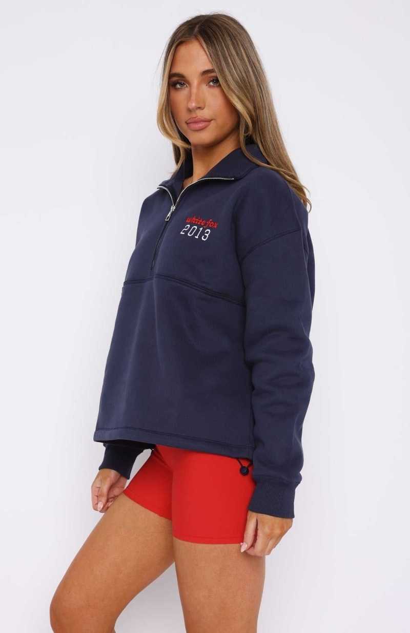 White Fox Hold Me Down Zip Front Sweater Navy | BYEVRM-249