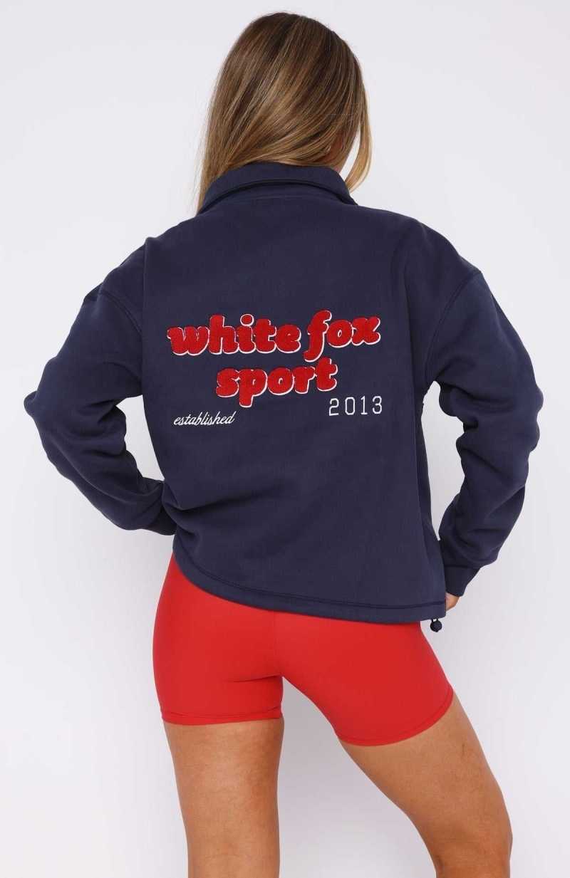 White Fox Hold Me Down Zip Front Sweater Navy | BYEVRM-249