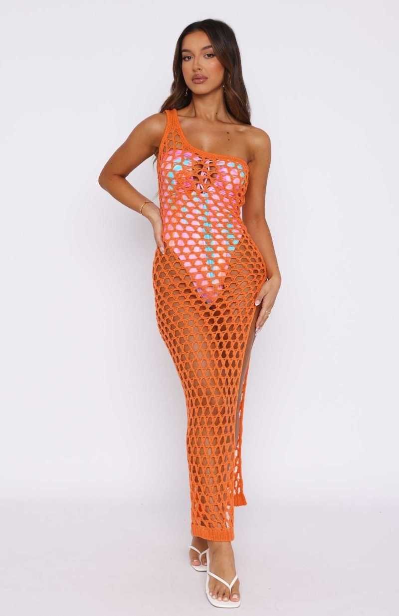 White Fox In My Feelings Crochet Maxi Dress Orange | SPQUIO-592