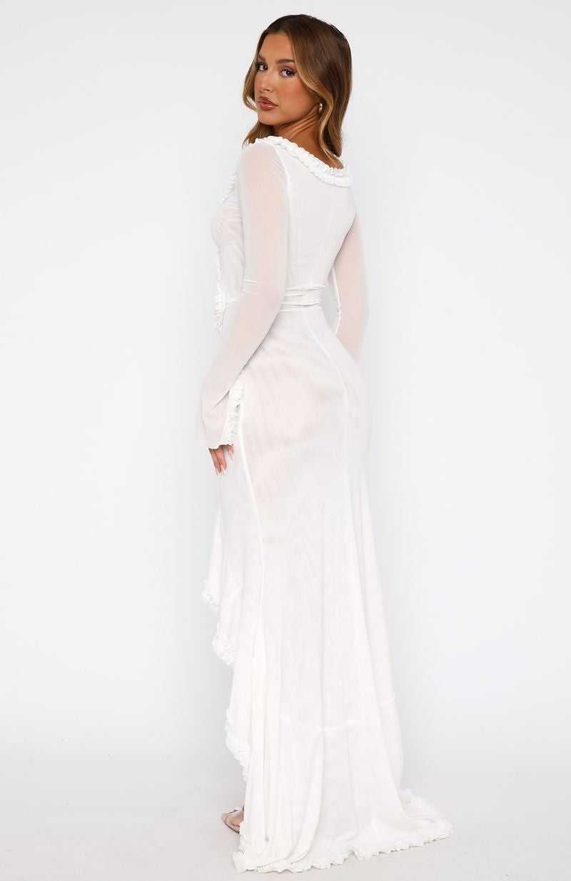 White Fox It Takes Time Long Sleeve Mesh Maxi Dress White | IUCRAT-861