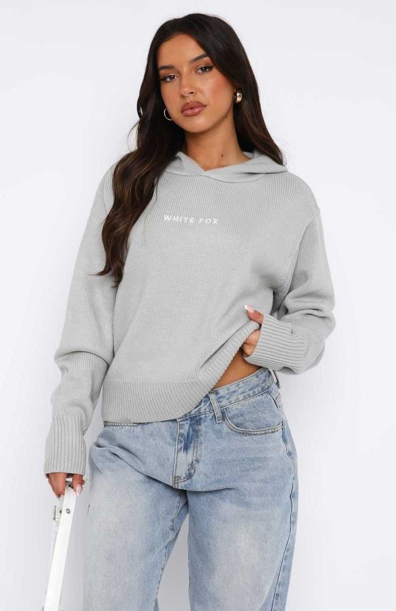 White Fox It's Cool Knit Hoodie Light Grey | ZESIAT-640