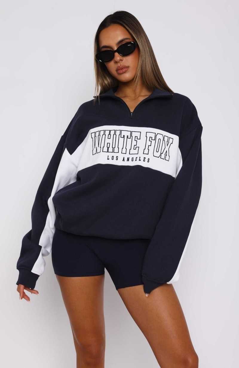 White Fox Jokes On You Zip Front Sweater Navy | CNILUK-628