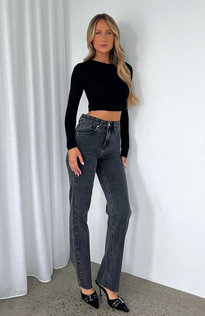 White Fox Jordyn High Waisted Straight Leg Jeans Washed Black | FHVIOZ-028